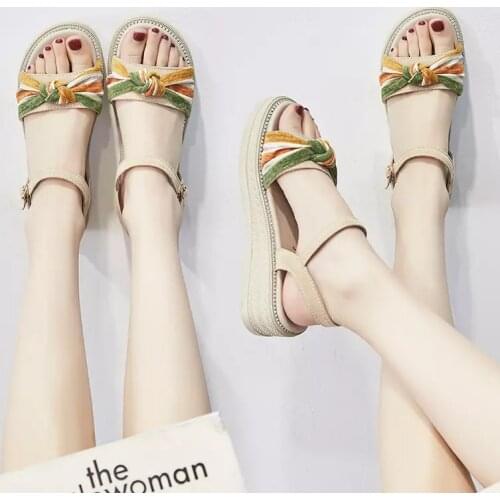 Summer womens shoes genuine leather womens sandals net red middle heel magic buckle high heel sandals womens shoes