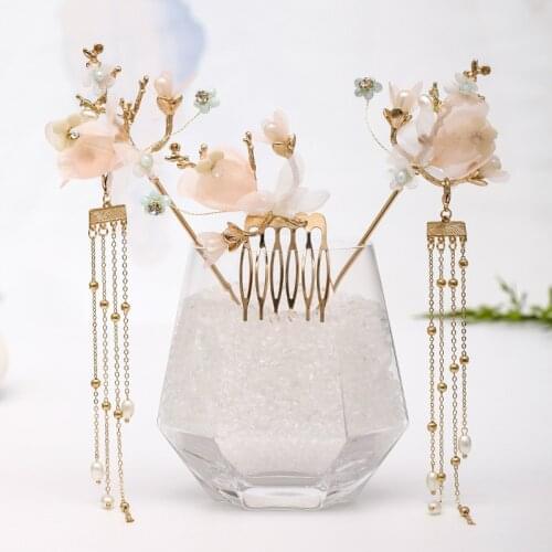 Bridal Wedding Hair Jewelry Retro Chinese Style Hanfu Dress Flower Crystal Pearls Hairpins Hair Fork Hair Combs Jewelry Sets