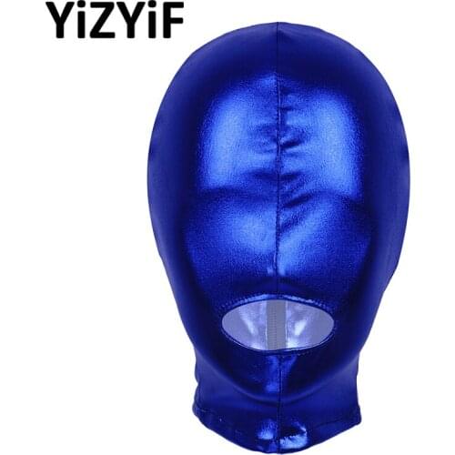 Unisex Latex Face Cover Mask Shiny Metallic Open Mouth Hole Headgear Full Face Mask Hood Role Play Cosplay Costume Hood Mask