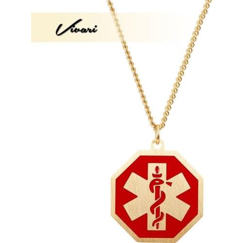 Vivari Medical ID Alert Engraving Necklace Gold Color Stainless Steel Octagon Pendant For Women And Men Choker Fashion Jewelry