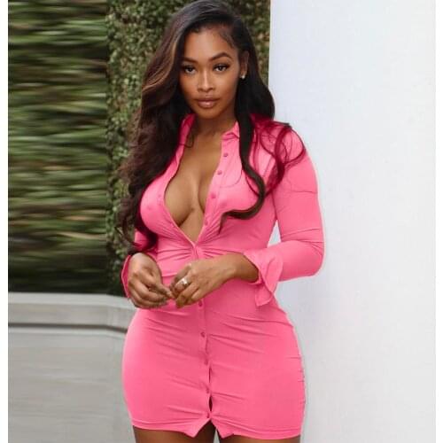 Single-breasted Office Lady Package Hip Dress Women Sexy Full Sleeve Turn Down Collar Vestidos Autumn Body-shaping Skinny Dress