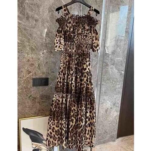 Spring Women Dress 2021 Summer Leopard Print Sling Ruffled Maxi Dress Off-shoulder Highwaisted Big Hem Cotton Holiday