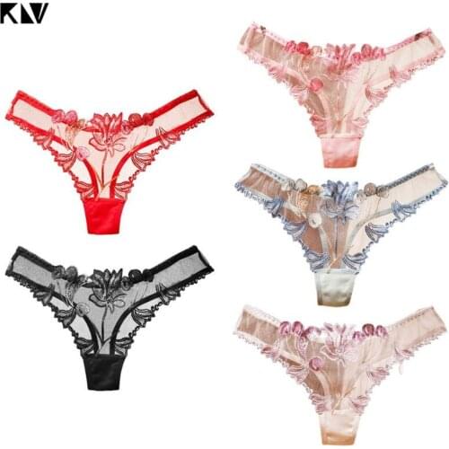Women Sexy Hollow Out See Through Mesh G-String Lingerie Low Waist T-Back Thongs Underwear Floral Lace Embroidered Panties Brief