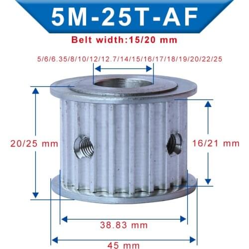 Timing Pulley 5M-25T Bore 5/6/6.35/8/10/12/12.7/14/15/16/17/18/19/20/22/25 mm Aluminum Pulley For Width 15/20 mm 5M-Timing Belt