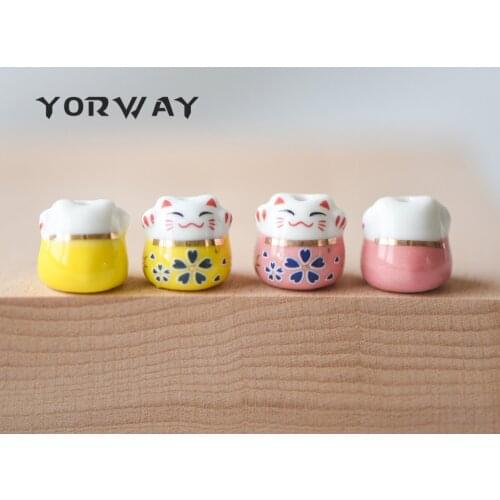 10pcs/Lot Porcelain Lucky Cat Beads 13mm, Ceramic Maneki Neko, Drilled with Large Hole, Pink Yellow Kawaii Cat-(80131)