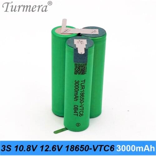 Turmera 3S 12.6V 10.8V VTC6 Battery Pack TUR18650VTC6 3000mAh 30A Battery for 12V Screwdriver Battery Customize or Air Drone Use