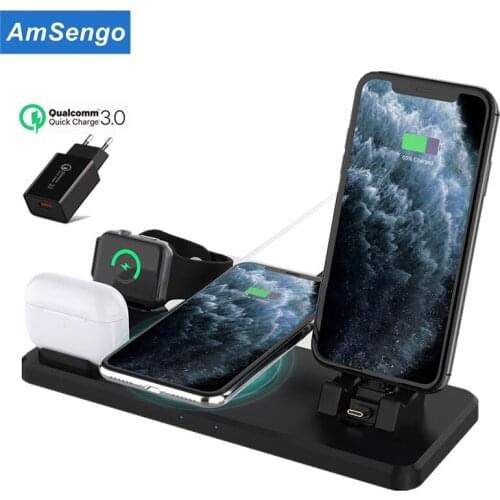 Amsengo 4 in 1 Wireless Charger Induction For iPhone 12 Pro Max 15W Qi Fast Charging Wireless Chargers For iWatch Airpods Pro