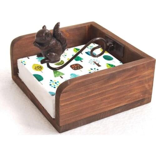 Napkin Holder Wood Flat Decorative Design With Weighted Animal Squirrel - For Home, Kitchen, Dining Table, Countertop, Outdoors