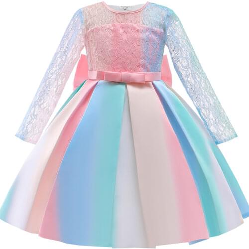 Christmas Colorful Long Sleeve Girls Dresses For Girl Wedding Birthday Princess Tulle Gown Lace Party Children Kids Clothes 6 8Y