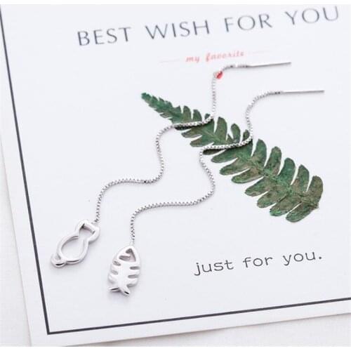 Long Tassel Ear Line Asymmetry 925 Sterling Silver Jewelry Fashion Personality Hollow Simple Cat And Fish Dangle Earrings SE787