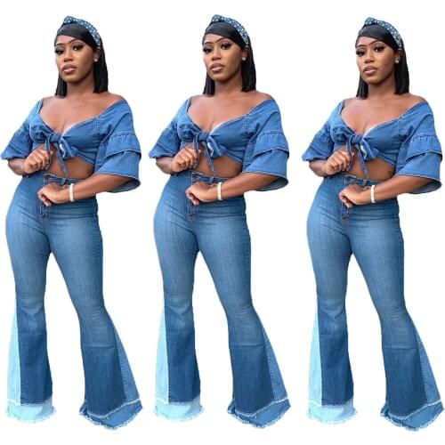 Women Patchwork Jeans Fashion Stretch Skinny Mid Waist Bell Bottom Jeans Woman Vintage Wide Leg Denim Pants Pantalones