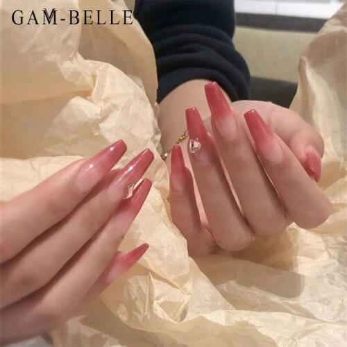 GAM-BELLE 24Pcs Pink Gradient Fake Nails Coffin French Full Cover Detachable False Press On Nails Decoration DIY Manicure Tool