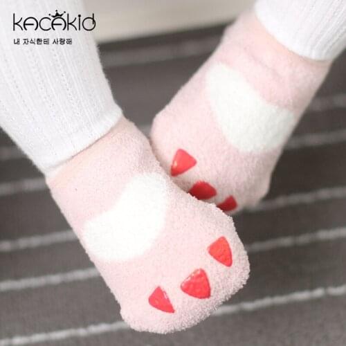 Kacakid Bear Paw Cute Warm Anti-slip Coral Velvet Baby Boys Girls Cute Toddler Asymmetry Anti-slip Socks For Babies