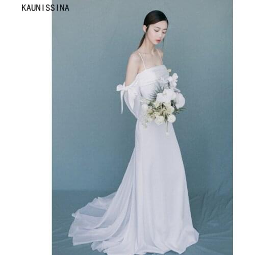 KAUNISSINA Boho Wedding Dress Long Sleeve A-Line Backless Simple Court Train Marriage Robe De Mariee White Charming Bridal Gowns