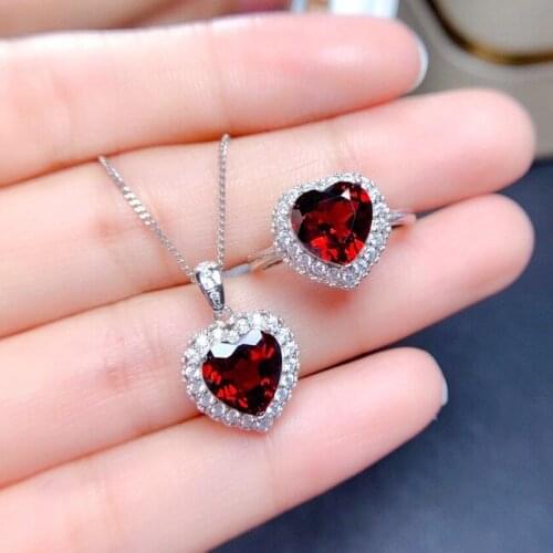 MIQIAO Silver Plated Red Love Heart Stone Full Crystal Zircon Pendant Collar Necklace Rings Jewelry Sets for Women Wedding Gift