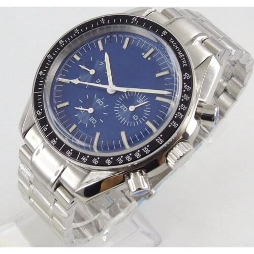 Nologo 40mm Mechanical Mens Watch Date/Week Indicator Arched Glass Polished Case Mental Strap