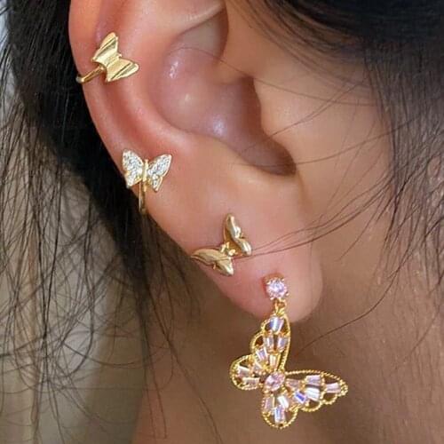 Exquisite Butterfly Crystal Earrings Set Fashion Gold Color Perforated Earring Cute For Women Birthday Party Jewelry Gift Bijoux