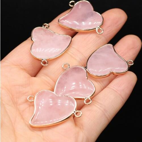 Natural Gems stone Pendants Reiki Heal Heart Crystal Golden Double Hole Connector for Trendy Jewelry Making Necklace Bracelet