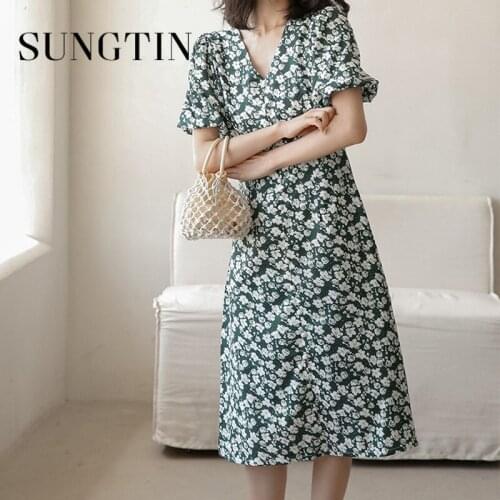 Sungtin Split Puff Sleeve Print Long Dress Women Summer Elegant Party Button Maxi Dresses Fashion Empire Vestido Feminino 2021