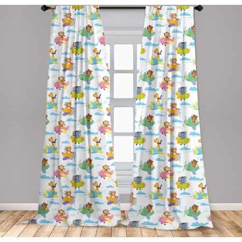 Adventure Nursery Curtain for Kids Room Baby Forest Animals on Biplane Giraffe Elephant Tiger Bear and Monkey Window Drapes