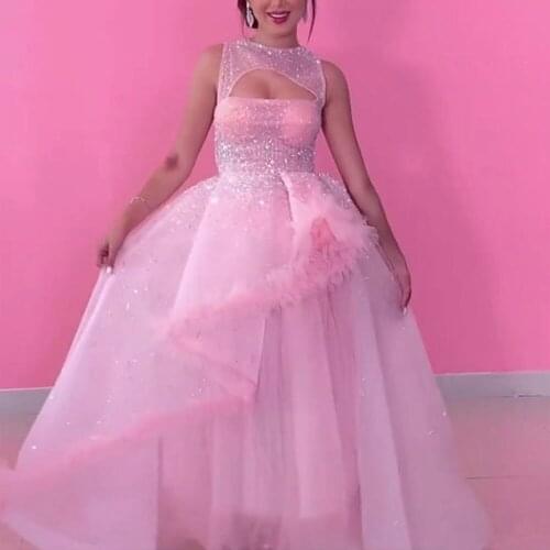 Pink prom dresses 2020 crew neckline keyhole sparkly peplum ruffle crystal sequins beaded evening dresses formal dress
