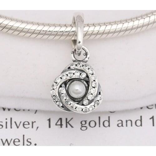 S925 Silver Bead Charm Luminous Love Knot With Pearl & Crystal Necklace Pendant Beads for Women Bracelet DIY Jewelry