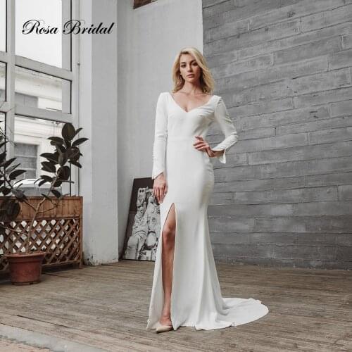 Mermaid wedding dress latest simple style vintage long sleeves V necklie backless court train zipper satin bridal dress