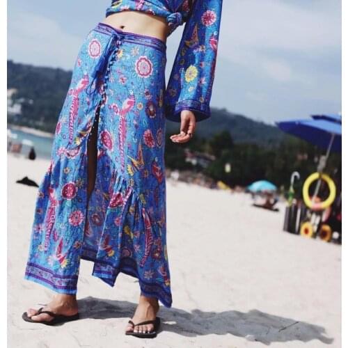 Happie Queens spring fashion women boho skirt Mesh stitching Bohemian floral peacock printed Boho Midi skirts female oversize