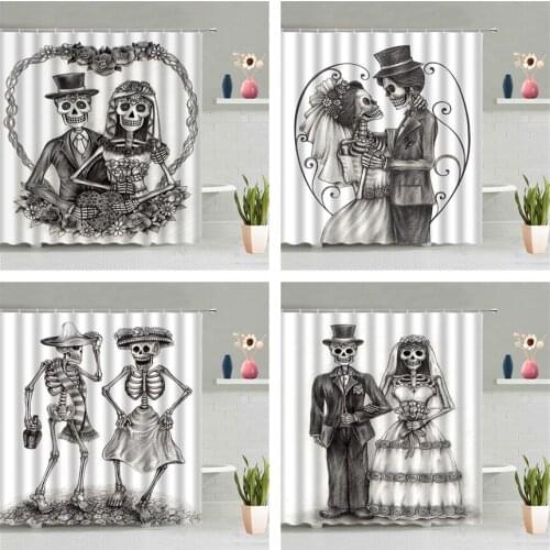 Halloween Wedding Shower Curtain Black White Sugar Skull Couples Love Heart Bathroom Wall Hanging Curtains Waterproof Home Decor