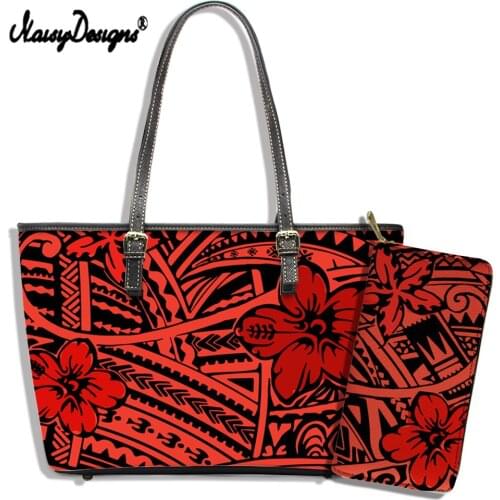 NOISYDESIGNS Polynesian With Hibiscus Flower Pattern Famous Brand Shoulder Bag 2Pcs/Set PU Leather Womens Handbag Party Bag
