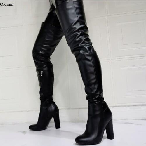 Olomm 2021 Handmade Women Winter Thigh High Boots Square HIgh Heels Round Toe Elegant Black Casual Shoes US Size 5-15