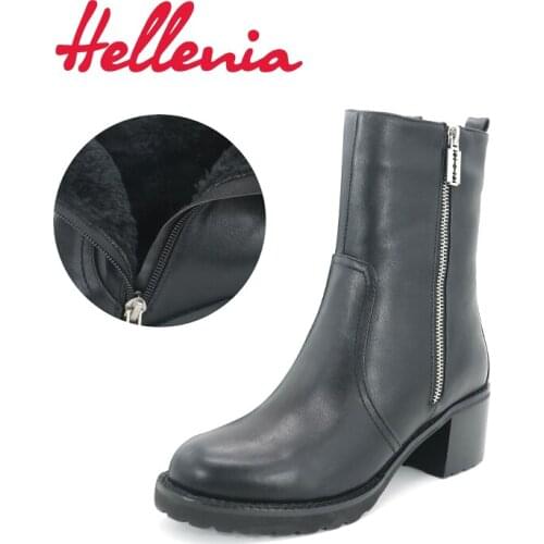 Hellenia New 2017 Fashion Winter Boots Women Classic Zip Ankle Boots Warm Flush Lining Women Band Shoe PU leather Ladies shoes