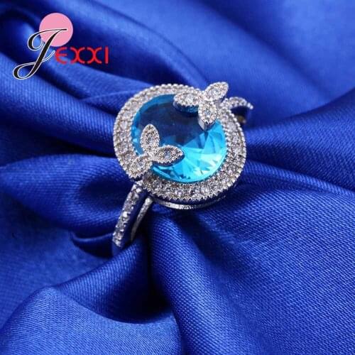 Women Vintage Rings For Wedding Engagement Bijoux Fashion Streling Silver Blue Crytal CZ Zircon Party Anel Bague