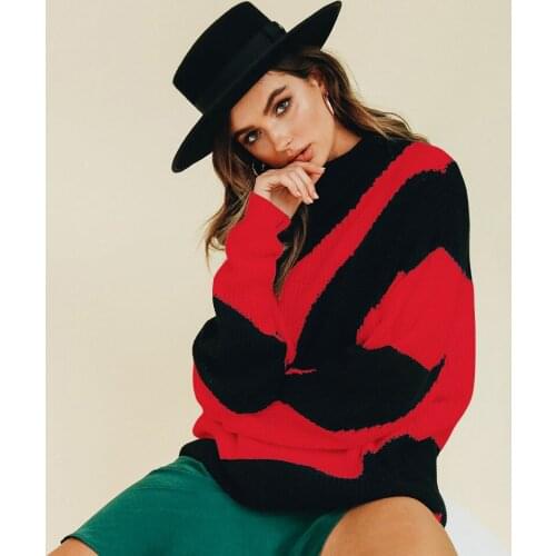 Womens patchwork Colour O Neck fashion pullover sweater Ladies basic autumn tops jumper oversized Loose sweaters