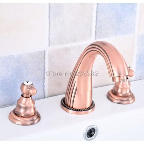 Antique Red Copper Widespread 3 Holes Bathroom Tub Sink Basin Faucet Deck Mount Dual Handle Mixer Taps Lsf536