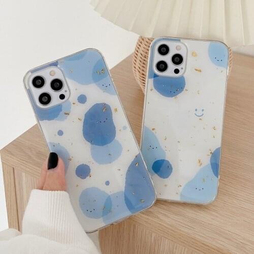 Shining Gold Foil Phone Case For iPhone 12 Mini 12 11 Pro X XR XS Max 7 8 Plus SE 2 Luxury Blue Smiley Face Soft TPU Phone Case