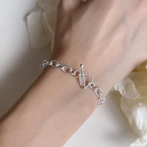 Authentic 925 Sterling silver Carved Open Oval Chain Bracelet Heart & Straight Bar Toggle fine Jewelry C-A300