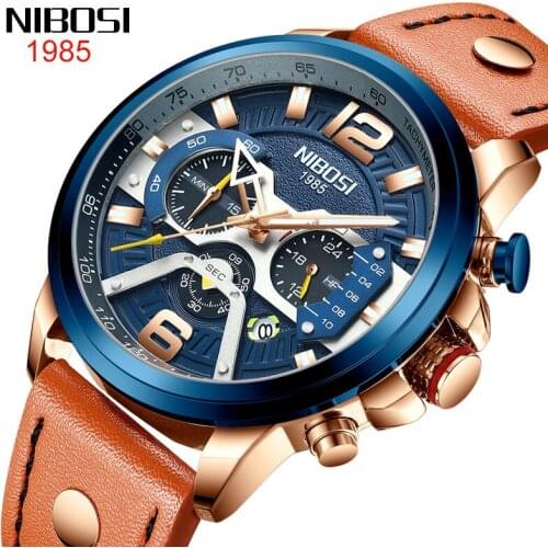 NIBOSI Mens Casual Fashion Leather 30M Waterproof Luminous Strap 24 Hour Display Chronograph Quartz Watches Relogio Masculino
