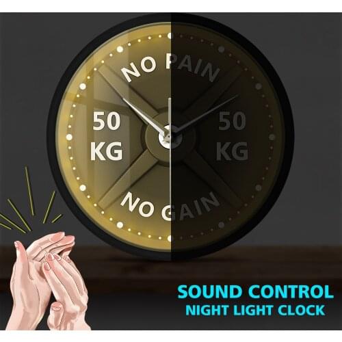 NO PAIN NO GAIN 50KG Barbell Watch Modern Design Weight Lifting Dumbbell Bodybuilding Sound Activated Wall Clock Night Light