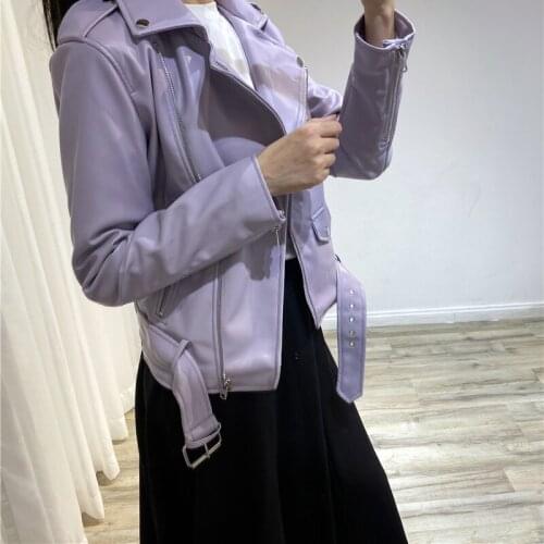 Spring Autumn Women PU Leather Solid Black Jacket Ladies Oblique Zipper Epaulets With Belt Detachable Biker Coat Casual Outwear