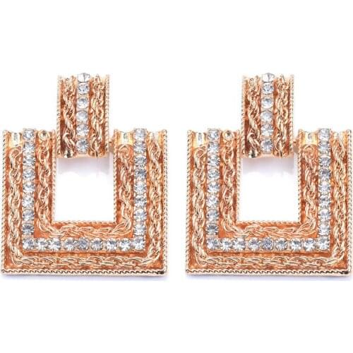 Geometric Square Striped Earrings Women Brand Statement ZA Earrings Jewelry Female Inlay Rhinestone Vintage Drop Earrings Gold
