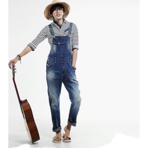 Casual mens slim Hole overalls mens Original Retro pocket jumpsuits male blue Denim One-piece jeans huge denim bib pants 5XL