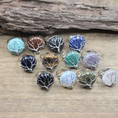 Healing Natural Stone Tree of Life Ring Silver Color Wire Wrap Round Crystal Quartz Resizable Ring Women Fashion Jewelry,QC4030