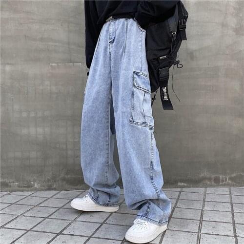 Street hip hop Japanese handsome ins large size washing water big pocket work clothes wide leg dad jeans men and women