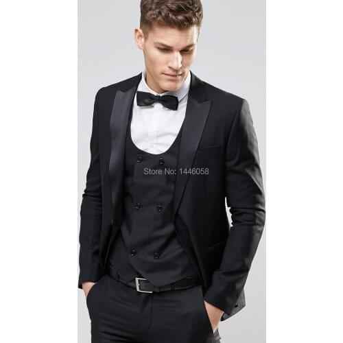 New Style Mens Custom Suits 2017 Peaked Lapel Black Wedding Dress Men Prom Tuxedos For Men Groom Suit (Jacket+Pants+Vest+Bow)
