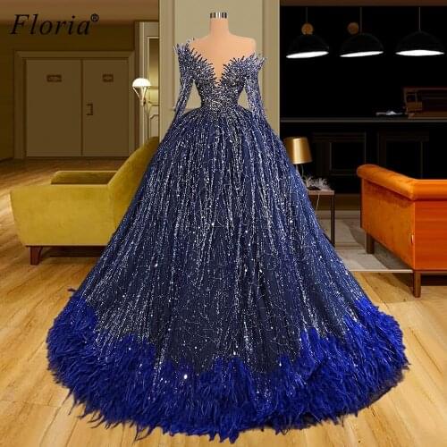 Luxury Navy Blue Evening Dresses A-Line Sequins Feathers Celebrity Dresses Evening Wear Women Pageant Gowns Robe De Soiree