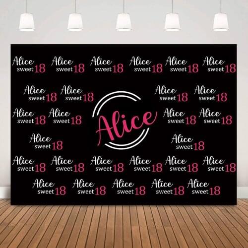 Sweet 18th Birthday Backdrop for Party Decoration Custom Happy Birthday Step and Repeat Background Vinyl Black Photocall Props