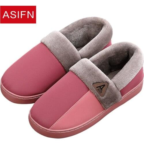ASIFN PU Leather Cotton Women Slippers Male Winter Home Indoor Warm Non-slip Thick Bottom Cotton Drag Female Chaussures Femme