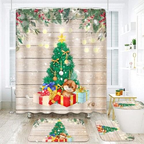 Waterproof Fabric Shower Curtains Set Merry Christmas Tree Child Bathroom Curtain Non-Slip Rug Toliet Lid Cover Bath Mat Decor