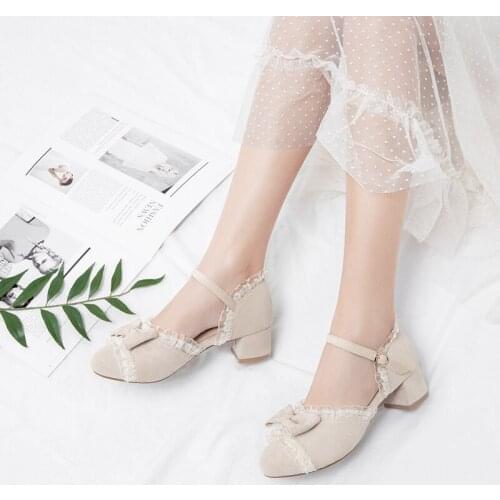 2021 Ladies Heels Summer Footwear Cute Bow Lace Princess Mary Jane Lolita Shoes Party High Heel Buckle Women Pumps Pink